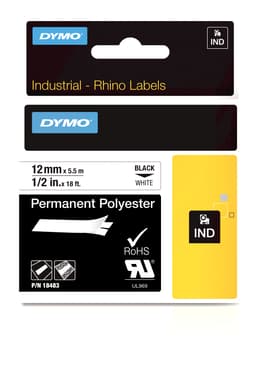 Dymo Tape RhinoPRO Permanent Polyester 12mm Svart/Hvit 