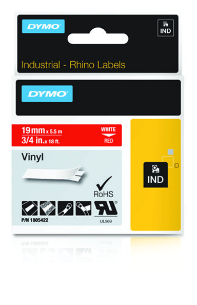 Dymo Tape RhinoPRO Permanent Vinyl 19mm Hvid/Rød 