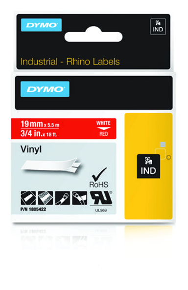 Dymo Tape RhinoPRO Permanent Vinyl 19mm Wit/Rood 