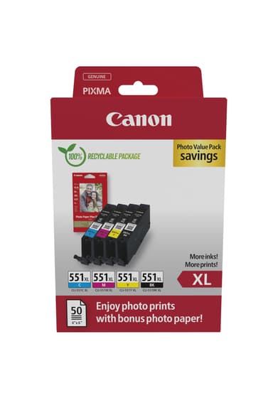 Canon Bläck Photo Value Pack CLI-551XL (B/C/M/Y) + 10x15cm Photo 50-Ark 