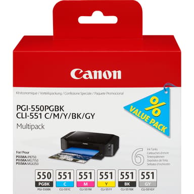 Canon Muste Monipakkaus PGI-550/CLI-551 (PGBK/C/M/Y/BK/GY) 