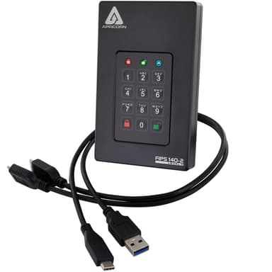 Apricorn AEGIS fortress 2TB L3 FIPS 140-2 LEV 3 Encrypt HDD USB-A til USB-C Sort