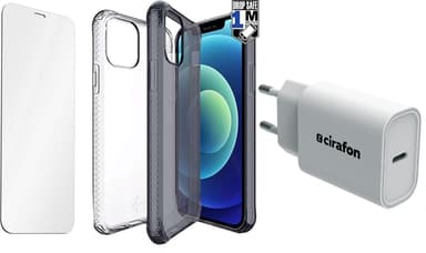 Cirafon Startpakke med oplader/skærmbeskytter/etui iPhone 12 Sort, Transparent