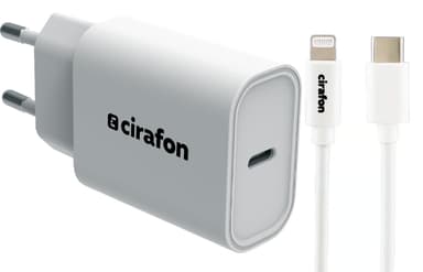 Cirafon Wall Charger 20W USB C + Cm To Lightning Cable Hvid 1m.