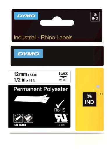 Dymo Tape RhinoPRO Permanent Polyester 12mm Svart/Hvit 