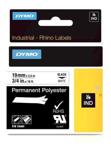 Dymo Tape RhinoPRO Pysyvä Polyesteri 19mm Musta/Valkoinen 