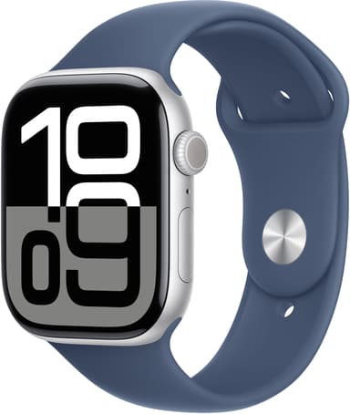 Apple Watch Series 10 GPS + Cellular 46mm Silver Aluminium Case with Denim Sport Band - S/M Silver