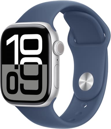 Apple Watch Series 10 GPS + Cellular 42mm Silver Aluminium Case with Denim Sport Band - S/M Sølv