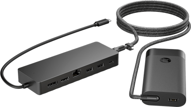 HP Universal USB-C -hubin ja kannettavan tietokoneen laturin yhdistelmä 