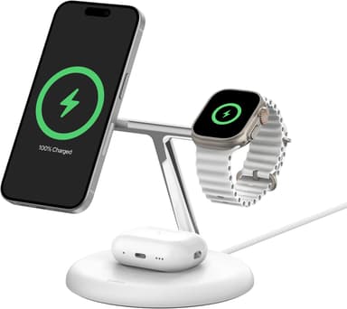Belkin 3-in-1 Qi2 15W Magnetic Adjustable Charging Stand Valkoinen