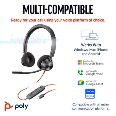 HP Poly Blackwire 3320 Stereo USB-C Headset + USB-C/A adapter USB Type-C Zwart