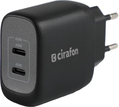 Cirafon 45W USB-C Reisekontakt med 2 porter – Hurtiglading Svart