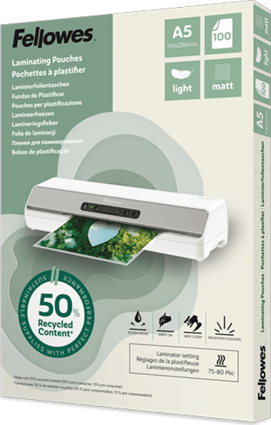 Fellowes Lamineringslommer, 50 % genbrugsmateriale, A5, 100 stk., mat 