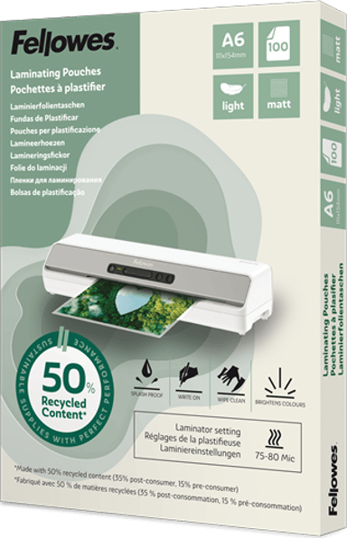 Fellowes Laminointitasku, 50 % kierrätysmateriaalia, A6, 100 kpl, matta 