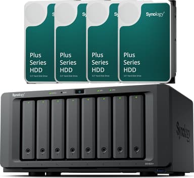 Synology DS1825+ sisältää 8 valmiiksi asennettua 8 TB:n kiintolevyä (yhteensä 64 TB) 