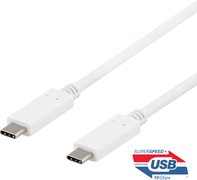 Deltaco USB-C-kaapeli, 1m, 10Gbps, 100W, 5A, USB 3.2 Gen 2, valk. 1m USB-C USB-C Valkoinen