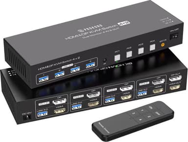 Prokord KVM-switch 4-porter Dual Monitor HDMI & DisplayPort USB 3.0 4K (4 datamaskiner, 2 skjermer) 