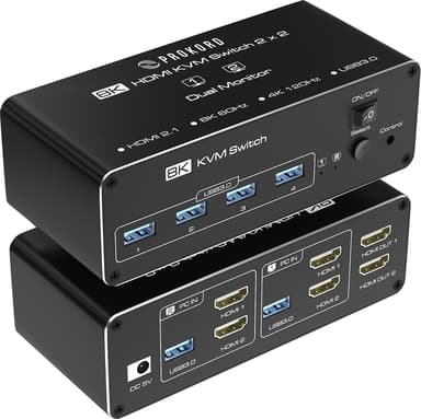 Prokord KVM Switch 2-Port Dual Monitor HDMI USB 3.0 8K (2 Computere, 2 Skærme) 