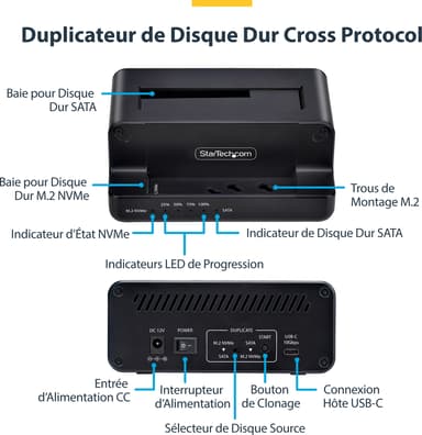 Startech StarTech.com M.2 NVMe till 2,5-/3,5-tums SATA-enhetsduplikator, fristående SSD-klonare och enhetsdocka med två fack, dubbelriktad NVMe till SATA/SATA till NVMe-klonare, upp till 27 GB/min, SATA III, USB 10 Gbps 