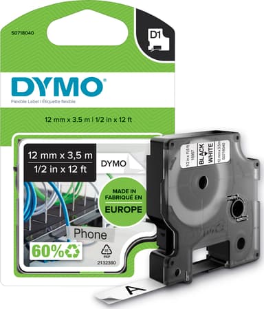 Dymo Tape D1 12mm Sort/Hvid Fleksibel 