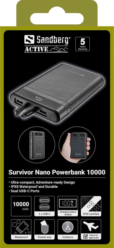 Sandberg Survivor Nano Powerbank 10000 mAh 10000, 38mAh Sort