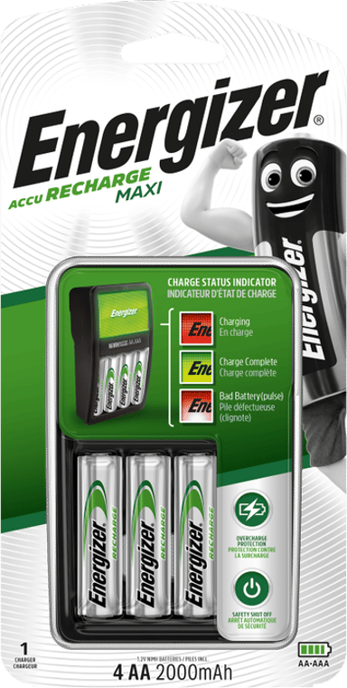 Energizer Maxi Oplader + 4xAA 2000mAh Batteri