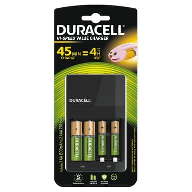 Duracell Lader 4 timer + 2 x AA oppladbart pluss batteri 