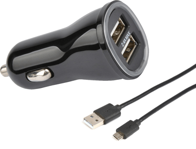Cirafon Autolaturi 2xUSB 2,4Amp + Micro USB-kaapeli 1m Musta 1m