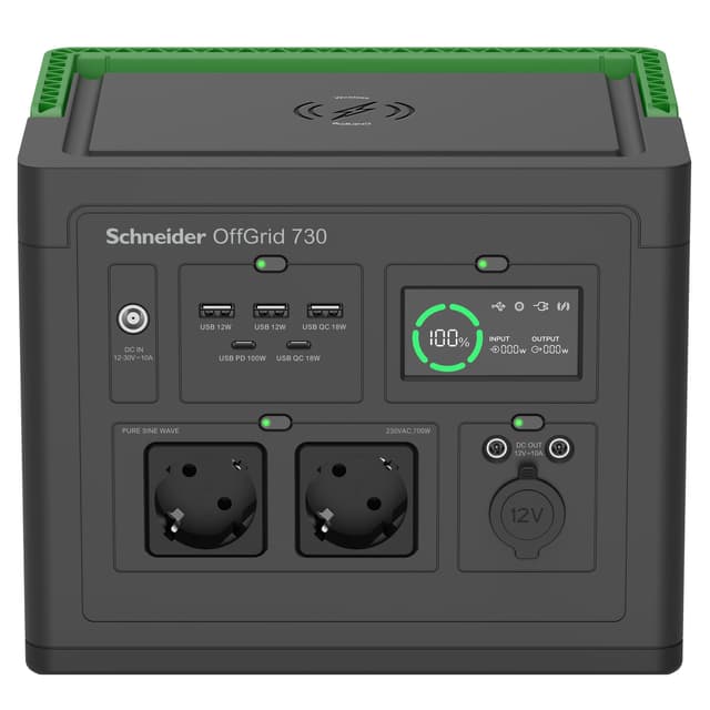 APC SE OffGrid Draagbare Power Station 730 - Li-Ion accu, LCD-scherm, 2x stopcontact, 3x USB-A, 2x USB-C, 3x 12V, draadloze oplader 