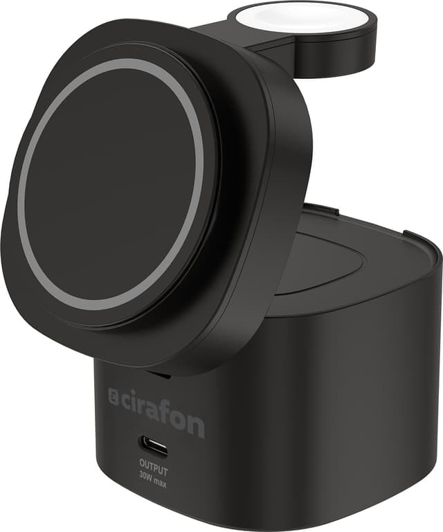 Cirafon 4-i-1 Trådløs Opladningsstation – Qi2, MagSafe, USB-C PD 30W, Apple Watch-støtte Sort