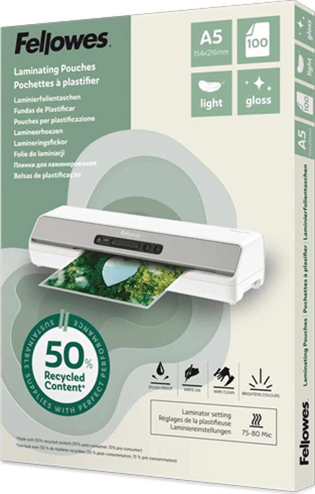 Fellowes Lamineringsficka A5, 50 % återvunnet material, 100 st (100143440)