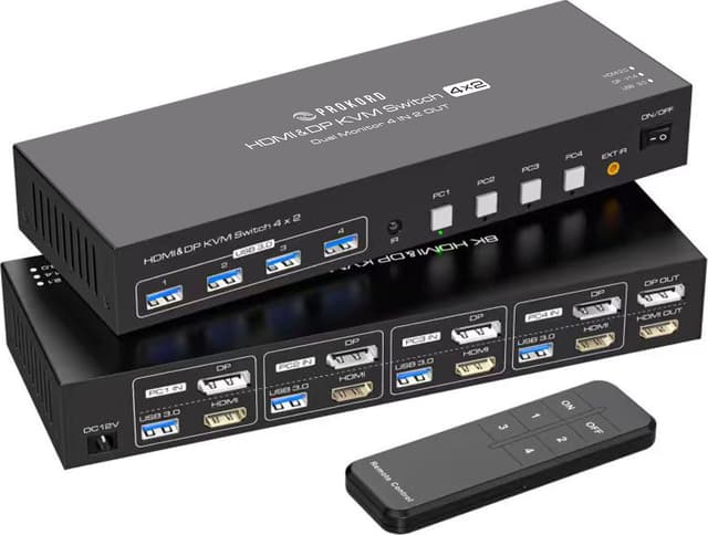 Prokord KVM Switch 4-Port Dual Monitor HDMI & DisplayPort USB 3.0 4K (4 Datorer, 2 Skärmar) 