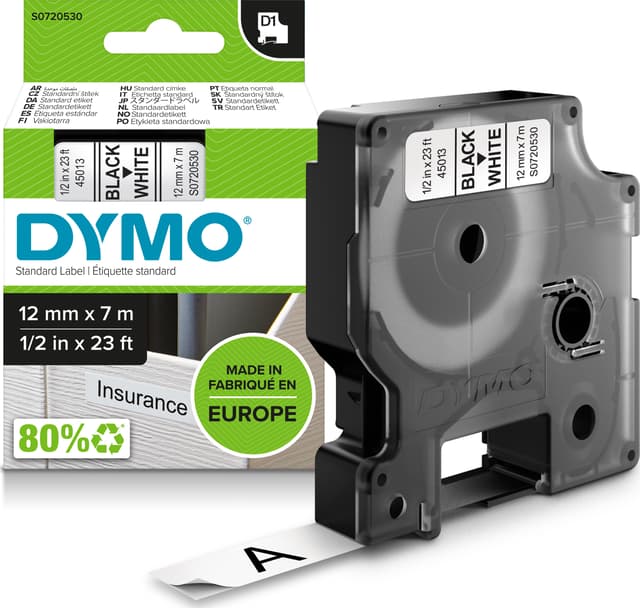 Dymo Tape D1 12mm Svart/Vit 