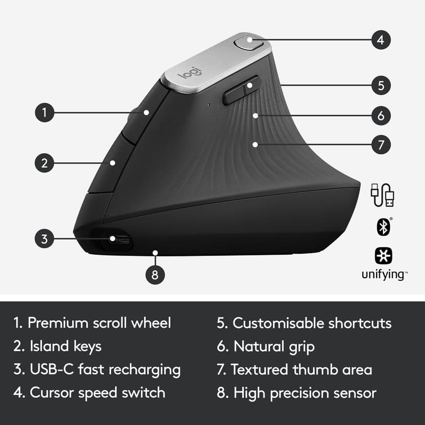 Logitech MX Vertical Trådlös RF + Bluetooth