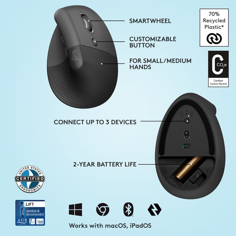 Logitech Lift Vertical Ergo Mouse Right Graphite RF Wireless + Bluetooth