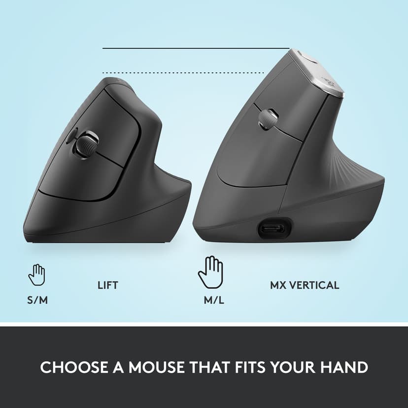 Logitech Lift Vertical Ergo Mouse Right Graphite RF trådløs + Bluetooth