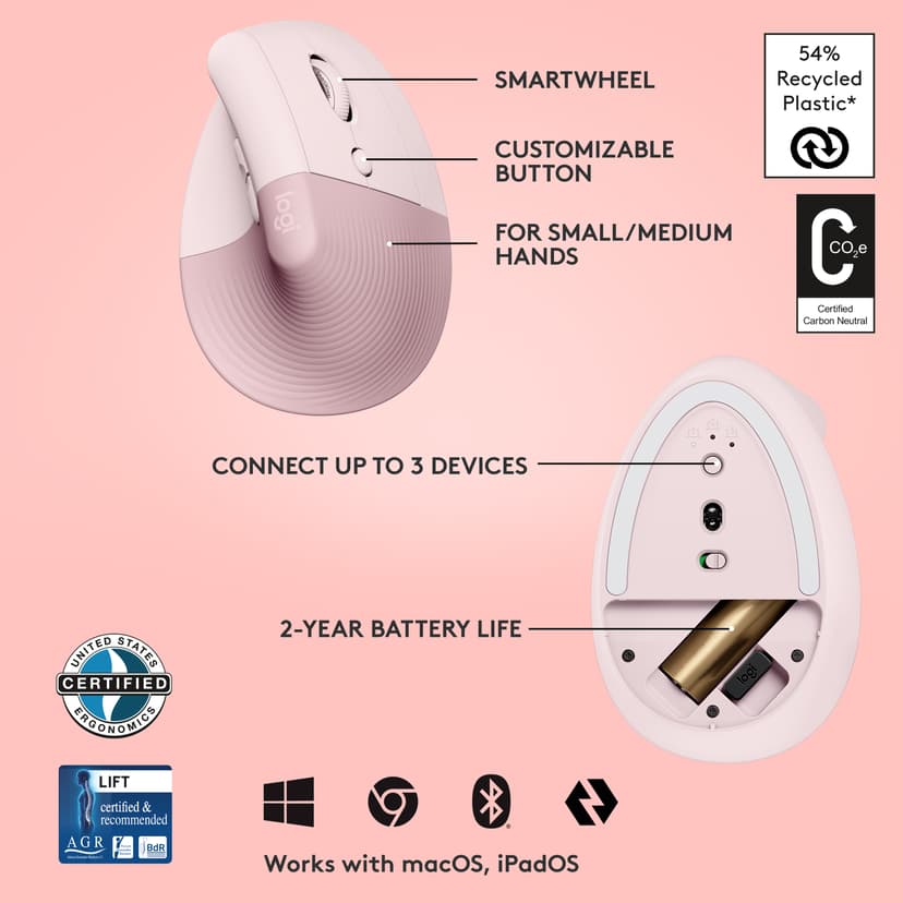 Logitech Lift mus Kontor Højre hånd RF trådløs + Bluetooth Optisk 4000 dpi RF trådløs + Bluetooth