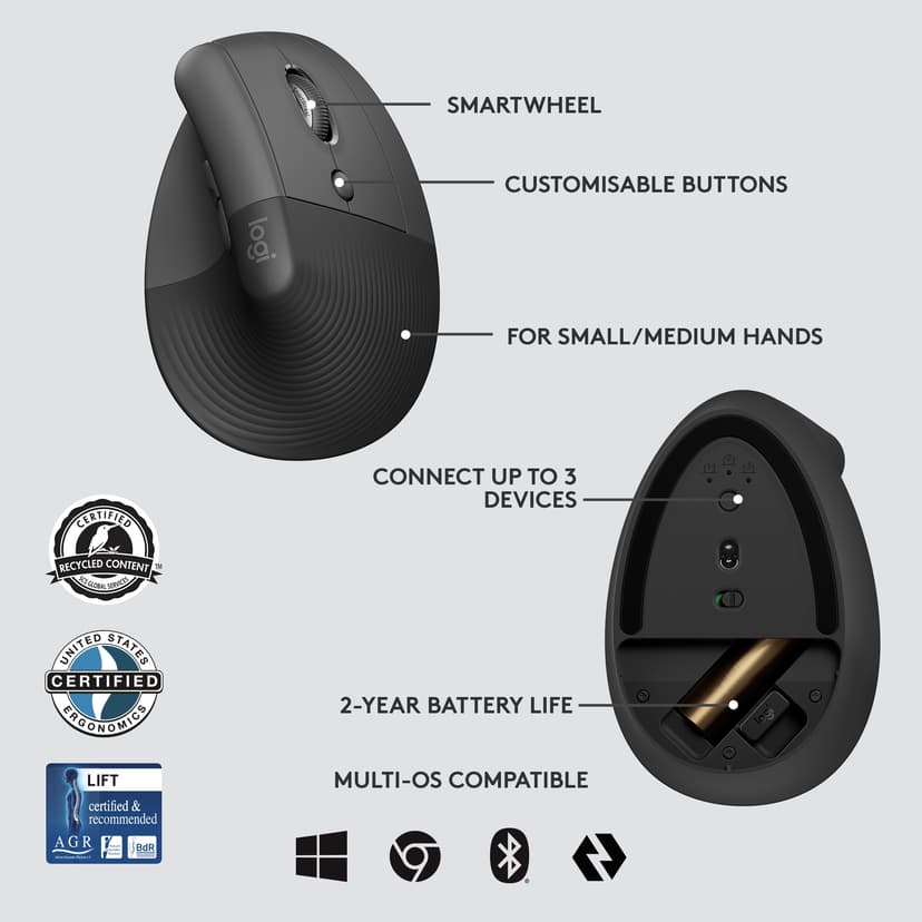 Logitech Lift for Business RF trådløs + Bluetooth Mus Grafit