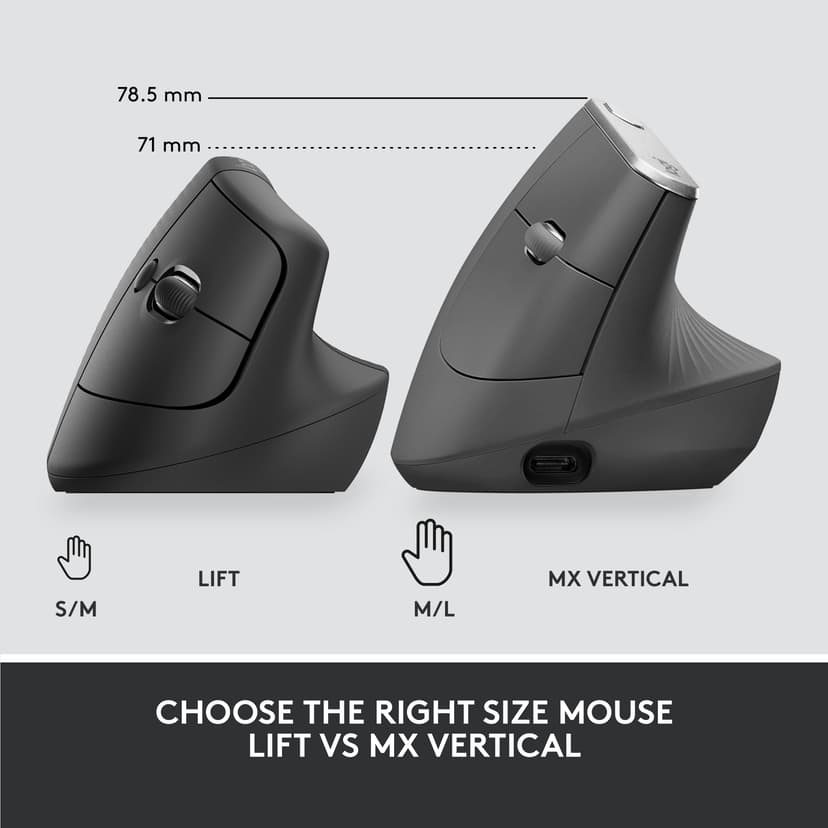 Logitech Lift Vertical Ergo Mouse For Business Right Graphit RF Wireless + Bluetooth