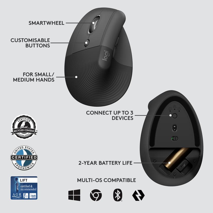 Logitech Lift for Business hiiri Office Vasenkätinen RF Wireless + Bluetooth Optinen 4000 DPI RF Wireless + Bluetooth