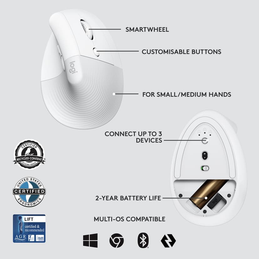 Logitech Lift Vertical Ergo For Business Logi Bolt Trådlös RF + Bluetooth
