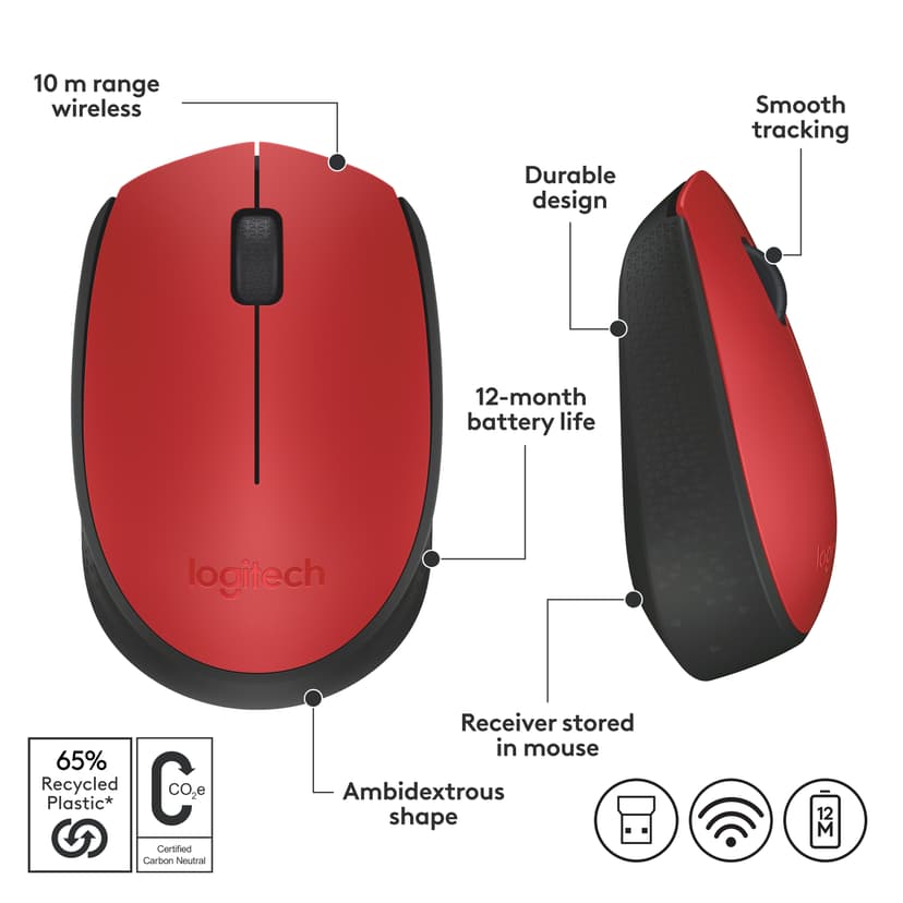 Logitech M171 RF Draadloos Muis Zwart, Rood
