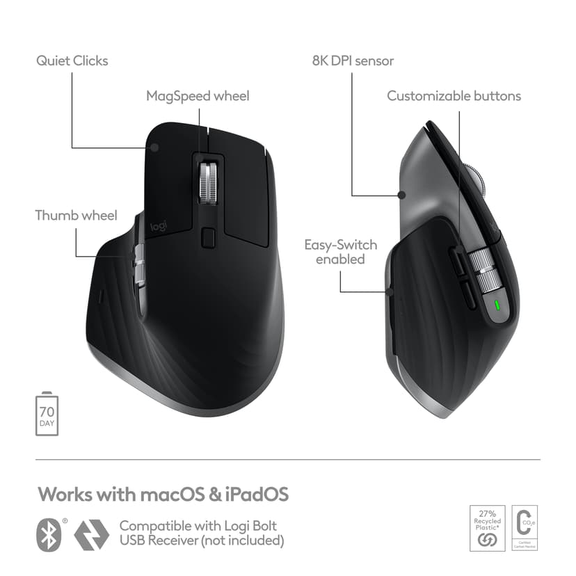 Logitech MX Master 3S for Mac datamus Kontor Høyre hendt Bluetooth Laser 8000 DPI Bluetooth