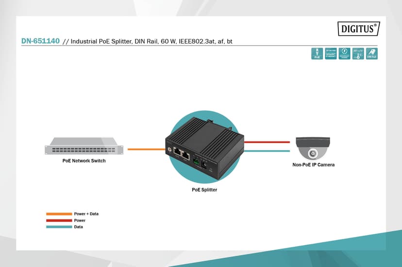 Digitus DN-651140 Gigabit Ethernet PoE Splitter Industriell 60W