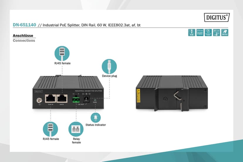 Digitus DN-651140 Gigabit Ethernet PoE Splitter Industriell 60W