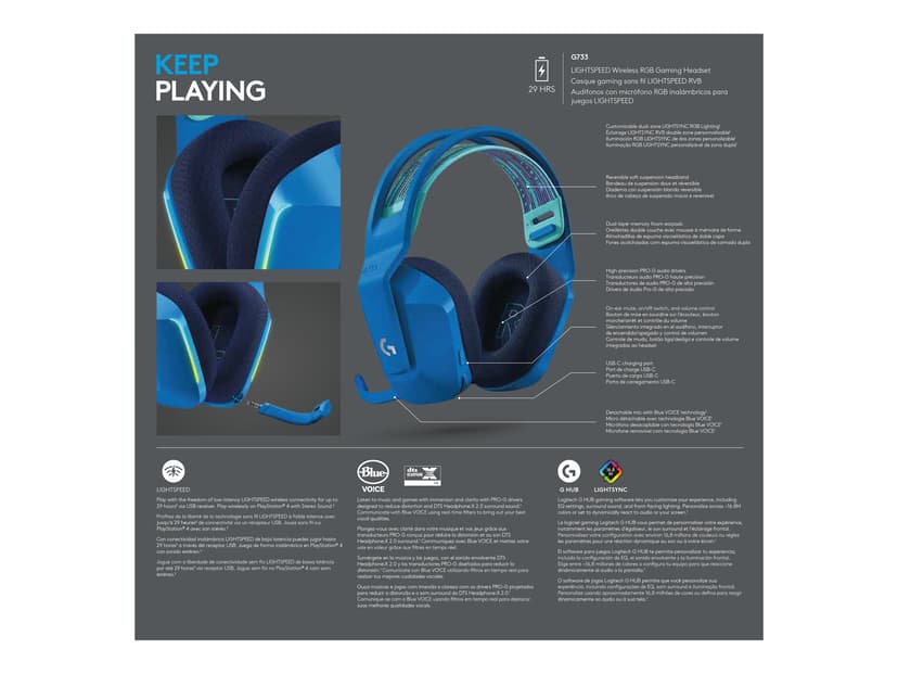 Logitech G733 Lightspeed Wireless RGB Gaming Headset Blå