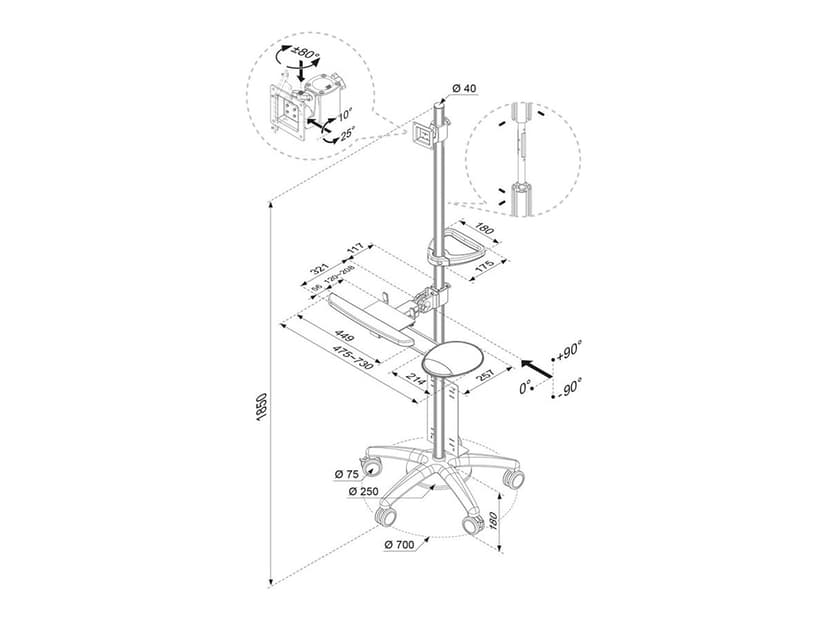 Neomounts FPMA-MOBILE1800 - Mobiele werkplek voor een monitor (max. 27"), PC, toetsenbord en muis.