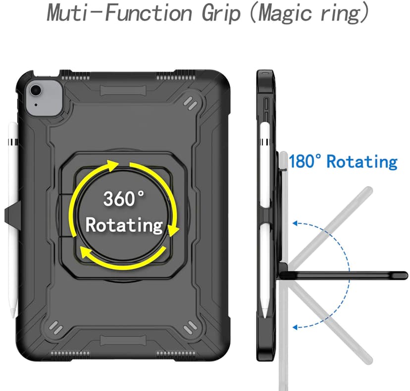 Armor-X Rugged Case with Kick-stand & Pencil Holder & Folding grip iPad Air 10.9" 4th gen, iPad Air 10.9" 5th gen Sort