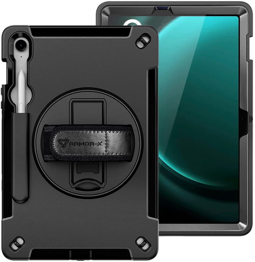 Armor-X Rainproof Military Grade Rugged Case With Hand Strap And Kick-stand Samsung Galaxy Tab S10 FE, Samsung Galaxy Tab S9 FE Zwart