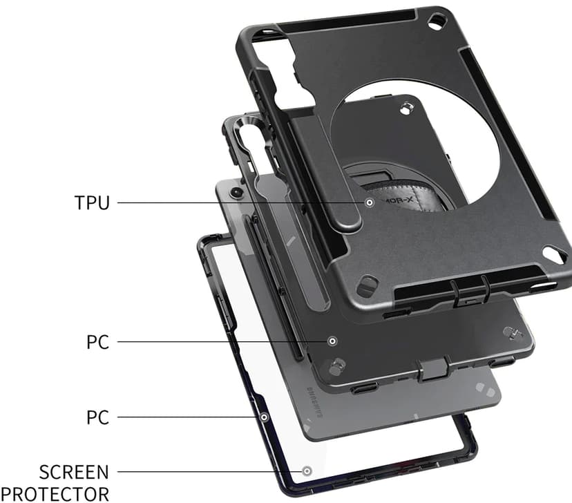 Armor-X Rainproof Military Grade Rugged Case With Hand Strap And Kick-stand Samsung Galaxy Tab S10 FE, Samsung Galaxy Tab S9 FE Sort